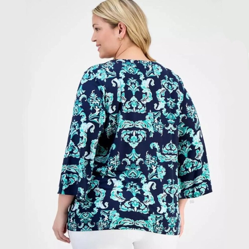 JM Collection 3/4 Sleeve Paisley Turquoise Lace-Up Tunic Top 1X – NWT - Picture 6 of 13